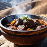 **

A steaming bowl of Khorkhog, Mongolian mutton cooked with hot stones in a traditional pot. Focus on the succulent meat and the rugged, natural setting. Capture the essence of nomad culture and the earthy flavors.

**