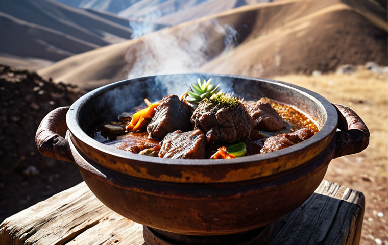 **
A steaming bowl of Khorkhog, Mongolian mutton cooked with hot stones in a traditional pot. Focus on the succulent meat and the rugged, natural setting. Capture the essence of nomad culture and the earthy flavors.
**